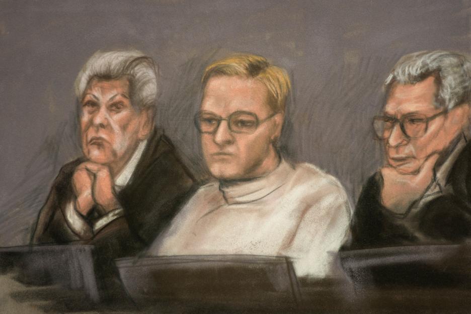 A court sketch shows Marius Borg Hoiby during the first day of the trial against him, which takes place at the Oslo District Court in Oslo