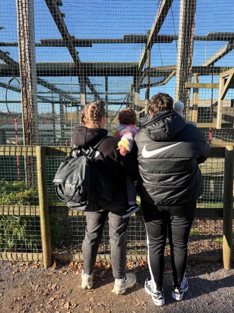 Two people and a baby look into a large wire enclosure.
