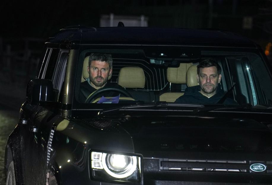 Manchester United head coach Michael Carrick and coach Jonathan Woodgate arriving at the Trafford Training Centre.
