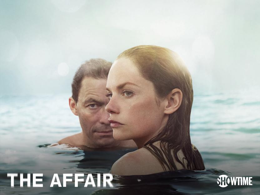 Two people, a man and a woman, in water, looking in opposite directions, with "THE AFFAIR" and "SHOWTIME" text.