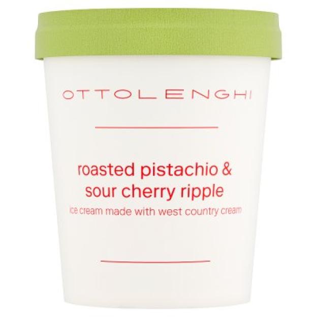 Ottolenghi Roasted Pistachio & Sour Cherry Ripple ice cream tub with a green lid.