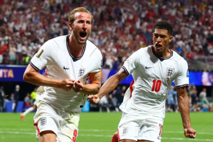 Harry Kane and Jude Bellingham celebrating a goal in England football kits.
