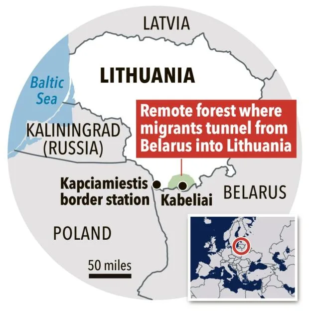 Illustration of a map showing Lithuania, bordering Belarus, Kaliningrad, Latvia, and Poland, highlighting a remote forest between Kapčiamiestis and Kabeliai where migrants tunnel from Belarus into Lithuania.