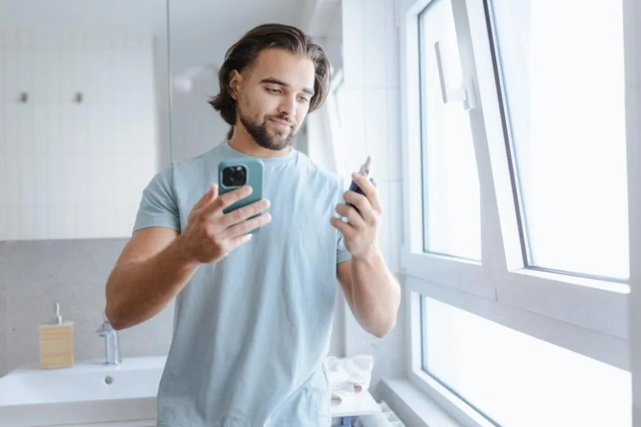 A young man stands in a bright bathroom, holding a smartphone in one hand and a bottle of face serum in the other.