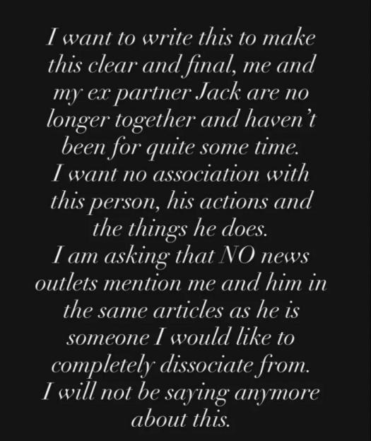 An announcement from an individual stating they have broken up with their ex-partner, Jack, and do not want to be associated with him.