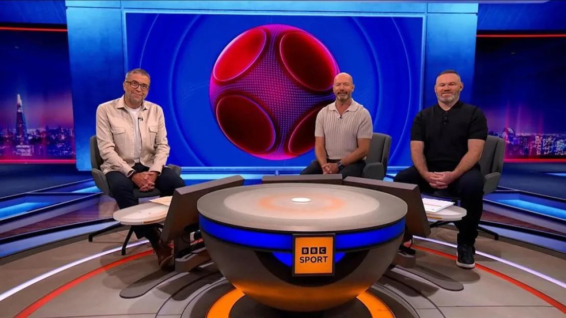 Mark Chapman, Alan Shearer, and Wayne Rooney seated on the Match of the Day set.