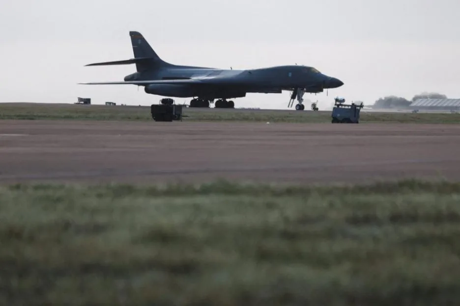 A B-1 Lancer bomber aircraft on a runway at Fairford.