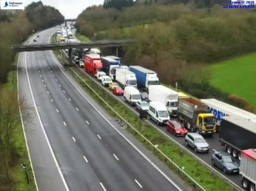 Traffic jam on a multi-lane highway.
