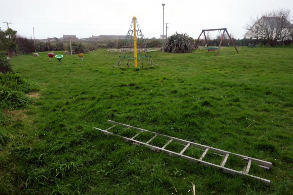 A playground with a yellow and green climbing net, a swing set, three bucket-like seats, and a ladder lying on the grass.