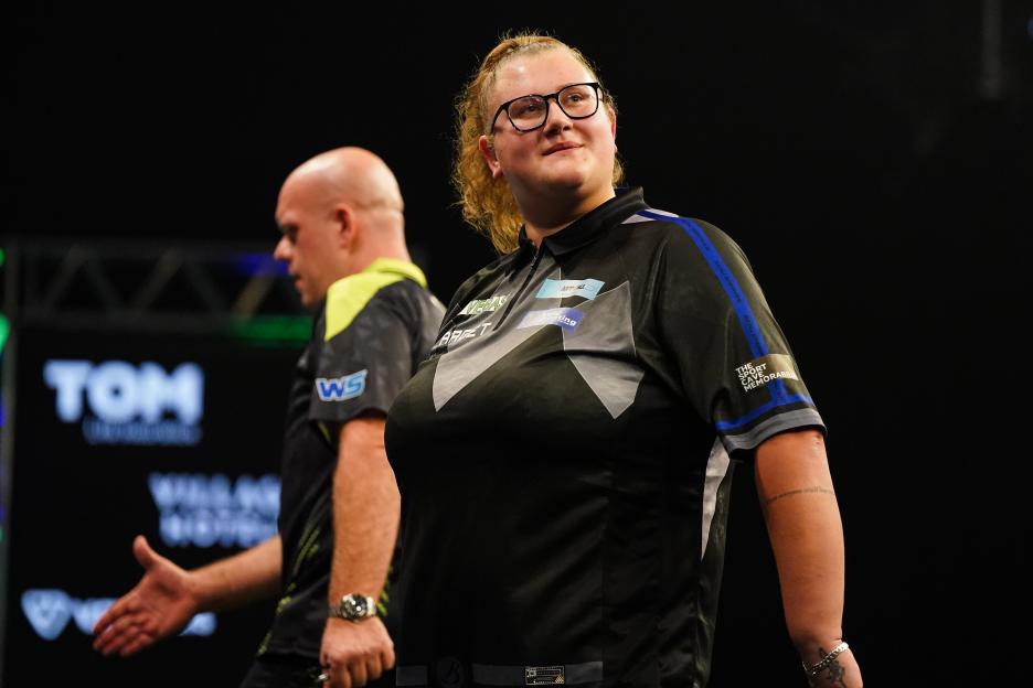 Beau Greaves reacts during her match against Michael van Gerwen at the WV Active Aldersley, Wolverhampton.