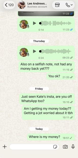 A WhatsApp chat with Lee Andrews, a business account, showing messages asking about money not yet returned.
