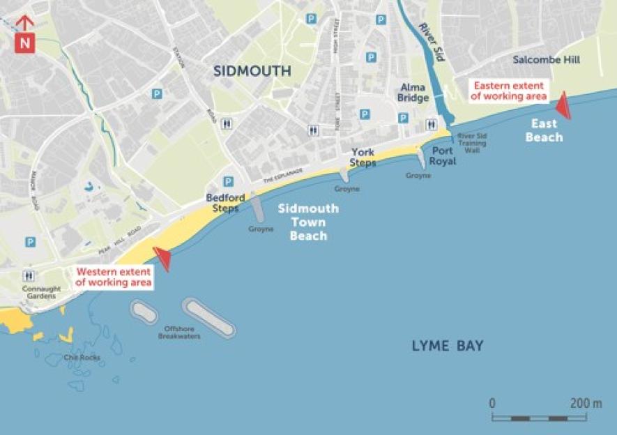 Illustration of a map of Sidmouth and Lyme Bay, showing the Sidmouth Town Beach and East Beach, with offshore breakwaters and marked working areas.