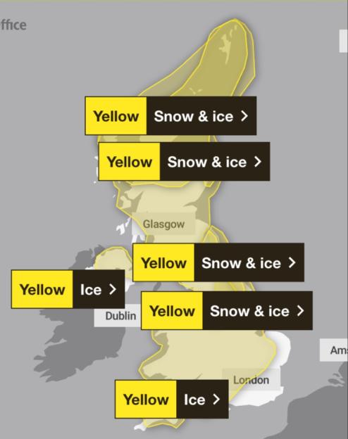 Weather map of the UK and Ireland showing yellow warnings for snow and ice across various regions.