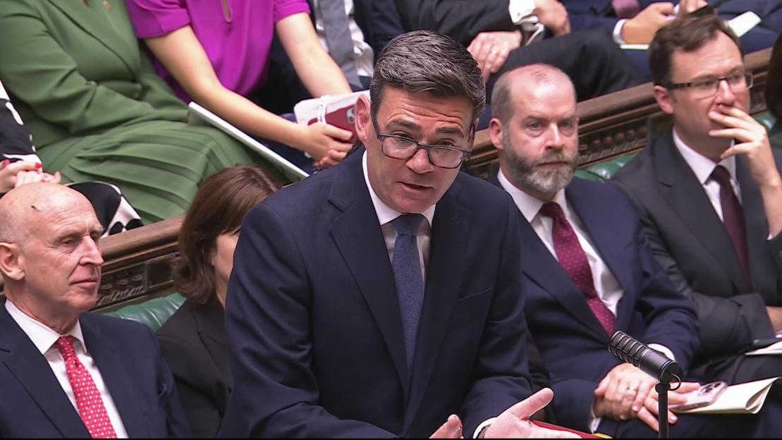 Prime Minister Andy Burnham speaking during his first Prime Minister's Questions in the House of Commons.