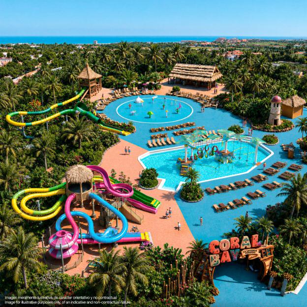 Illustration of the Coral Bay water park with various water slides and pools, surrounded by palm trees and buildings, with the ocean in the background.