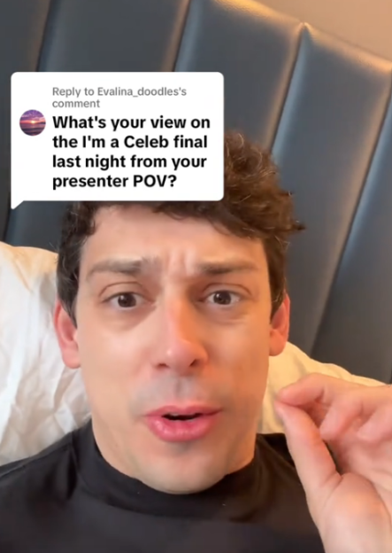 A man talking with a speech bubble above his head asking about his view on the I'm a Celeb final from his presenter POV.