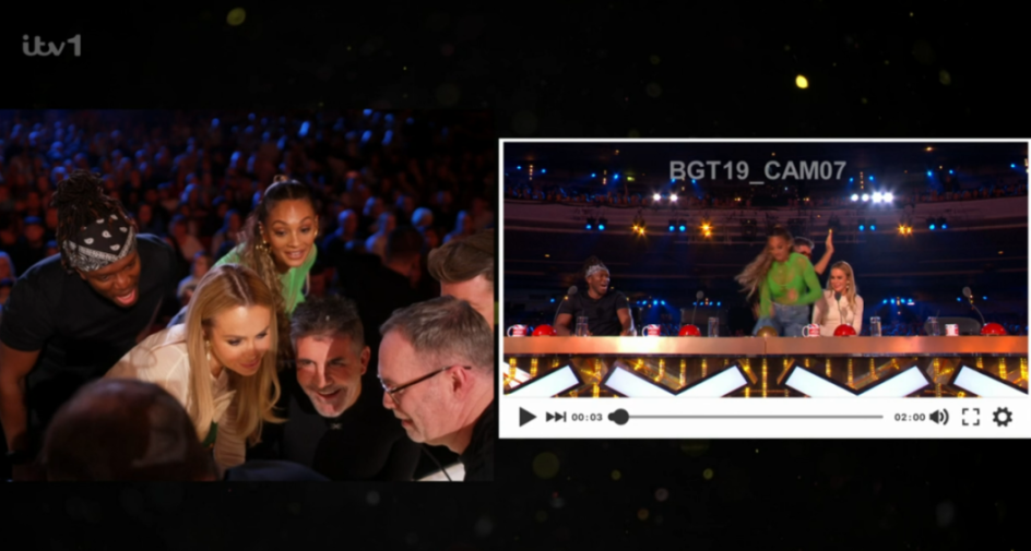 Collage of judges reacting to a Golden Buzzer act on Britain's Got Talent.