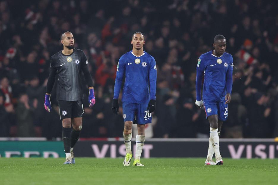 London, UK. 3rd Feb, 2026. (L-R) Robert Sanchez, Joao Pedro and Trevoh Chalobah of Chelsea look dejected after Kai Havertz of Arsenal scores to make it 1-0 during the Arsenal vs Chelsea Carabao Cup match at the Emirates Stadium, London. Picture credi