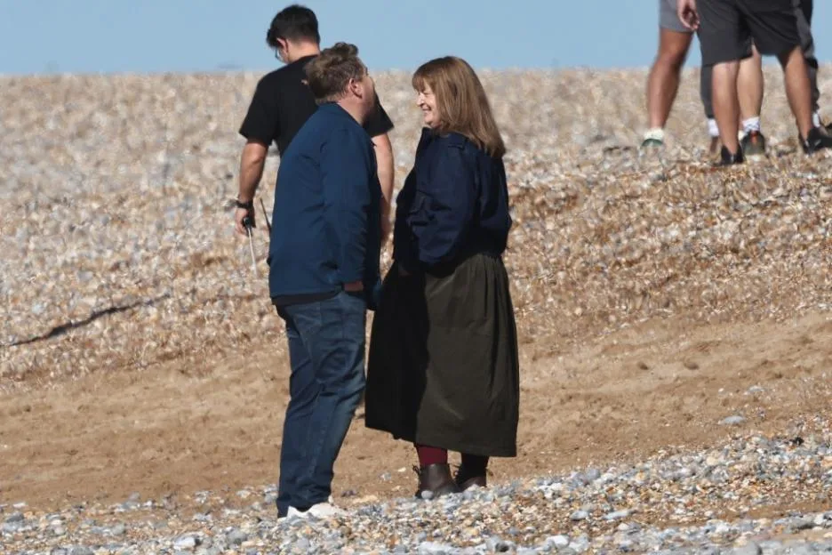 James Corden and Ruth Jones filming on a beach for their new TV series, The Choir.
