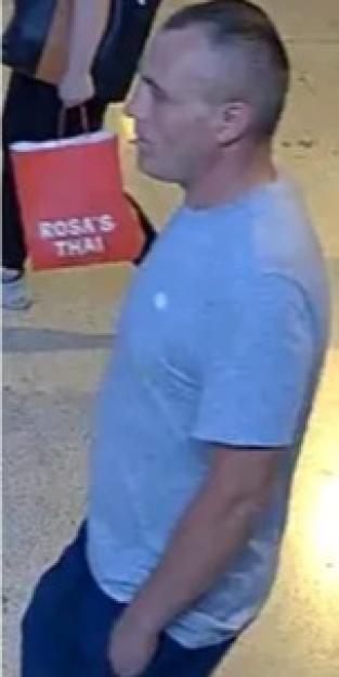 Collage of two images of a man with short hair wearing a gray t-shirt and dark shorts, captured from two different angles.