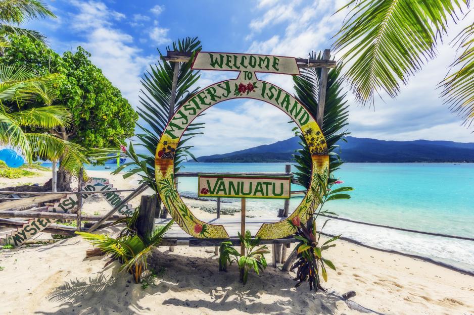 Vanuatu, Mystery Island, south pacific, welcome sign at the beach