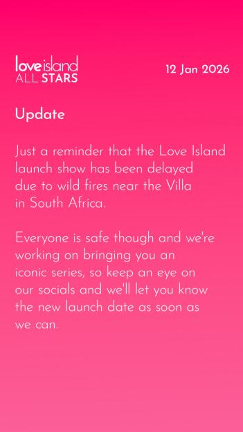Illustration of a "Love Island All Stars" update on a pink background, announcing a delay in the show's launch due to wildfires in South Africa.