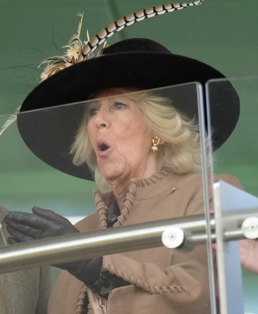 Queen Camilla, wearing a black hat with feathers and a tan coat, cheers on the racing at Cheltenham.