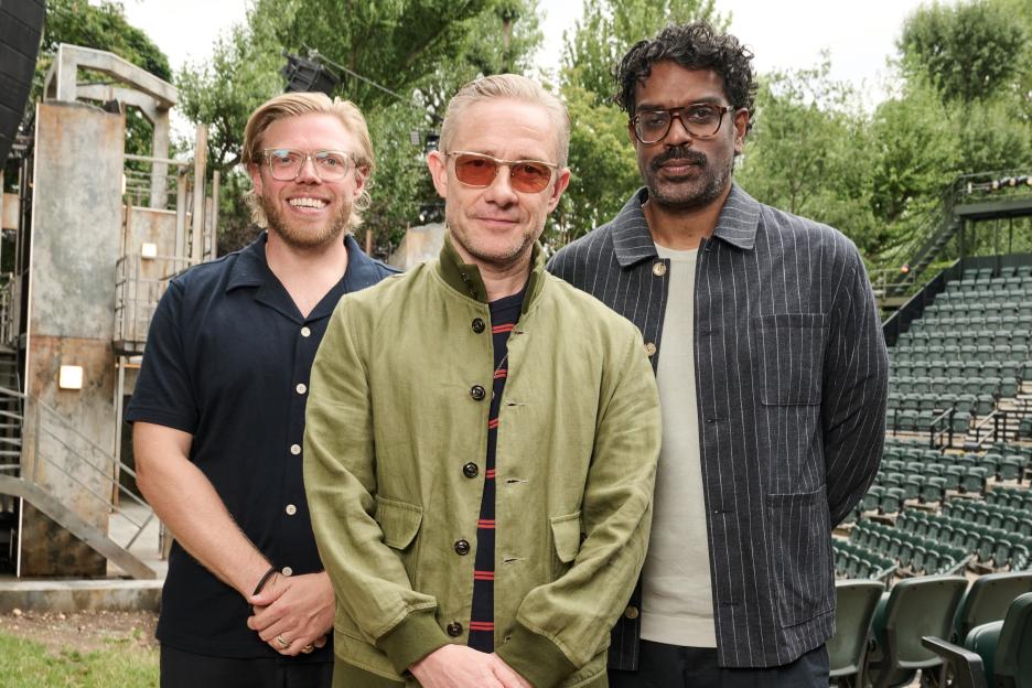 Rob, Romesh, and Martin Freeman posing for a show for Sky.