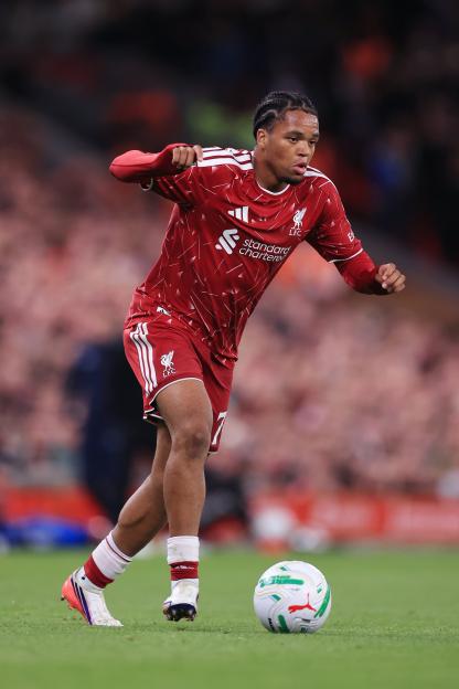 Liverpool player Bobby Clark in a red jersey during the Carabao Cup Third Round match against Tottenham Hotspur.