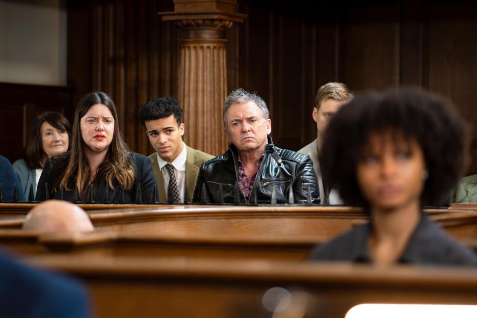 Zoe Slater, Alfie Moon, and Josh in a court setting.