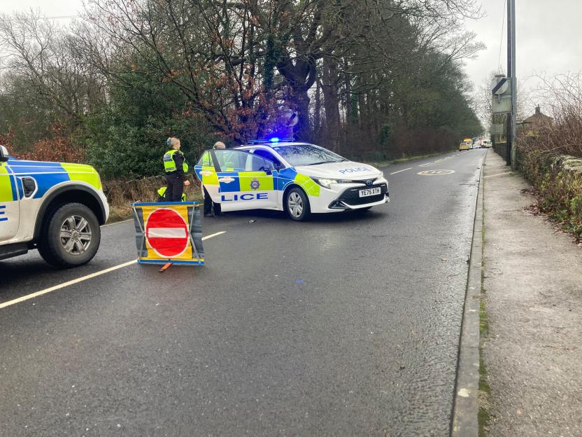 Police cordon after a crash on Sheffield Road in Holmfirth.