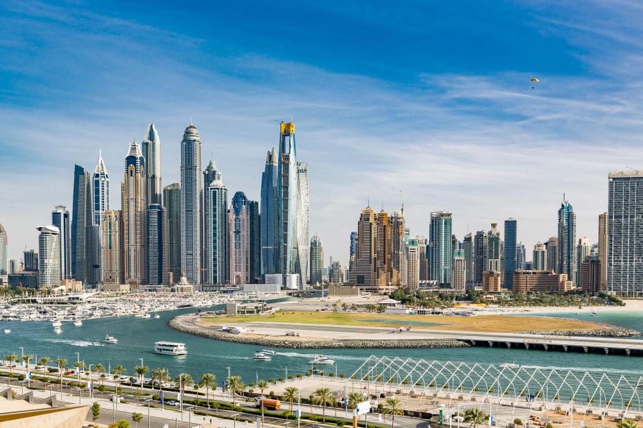 View of harbor and Dubai Marina with skyscrapers, Dubai Harbour, Palm Jumeirah, Dubai, United Arab Emirates, Middle East, Asia