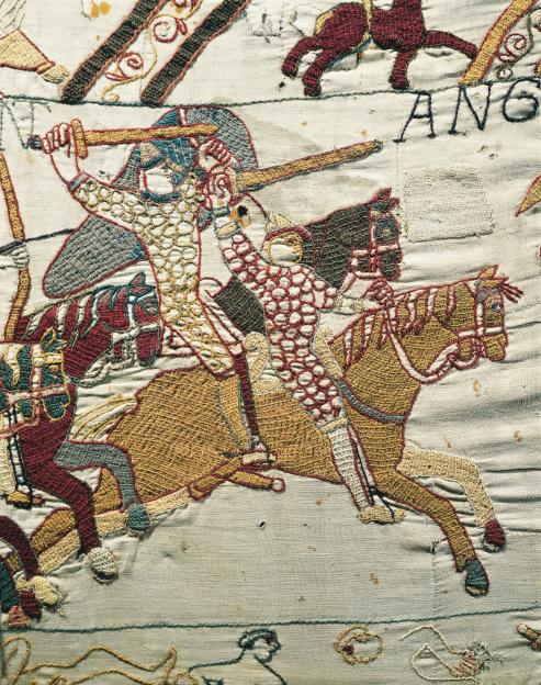 Illustration from the Bayeux Tapestry depicting Norman knights on horseback chasing English soldiers.