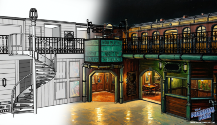 Illustration of an immersive experience from Phantom Peak, showing a half-finished, half-colored interior with a spiral staircase, balconies, and various rooms.