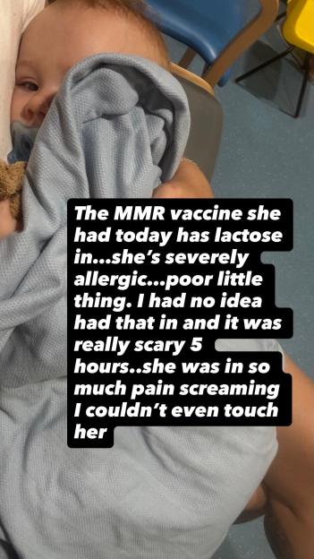 A baby holding a pacifier with a blue blanket over their face, with text about an allergic reaction to the MMR vaccine.