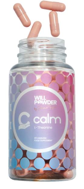 A clear jar of "Will Powder Calm L-Theanine" capsules, with several pink capsules spilling from the top.