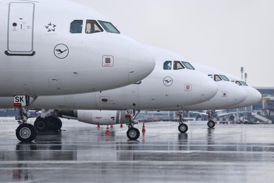 Lufthansa airplanes parked at Munich International Airport during a strike.