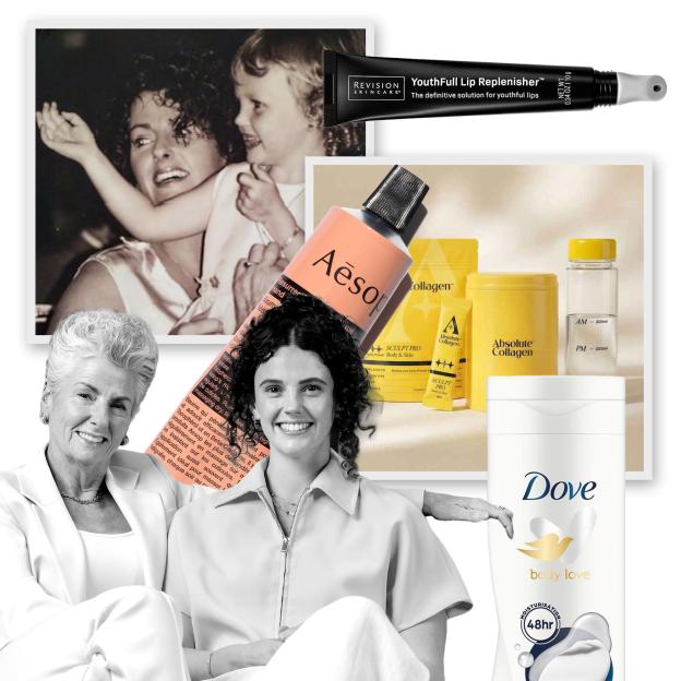 Collage of a black and white photo of a woman holding a small child, an older woman and a younger woman smiling, and various beauty products.