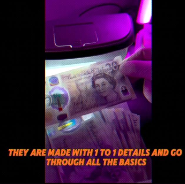 A hand holding a 20 British pound banknote under a purple light, illustrating counterfeit money with 1 to 1 details.