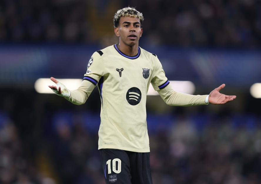 Lamine Yamal of Barcelona reacting during the UEFA Champions League match against Chelsea FC.