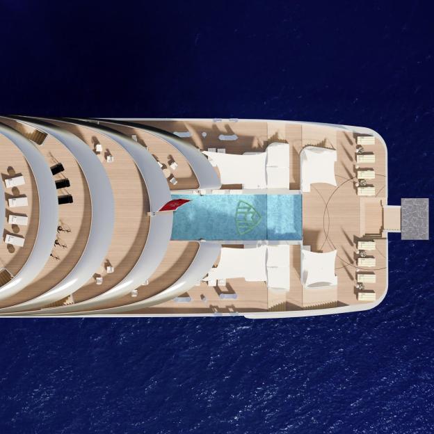 Illustration of a yacht deck with a pool and lounges, seen from above.