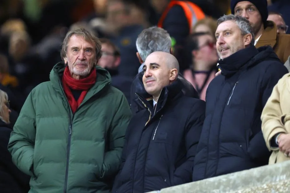 Sir Jim Ratcliffe, co-owner of Manchester United, alongside Director of Football Jason Wilcox and CEO Omar Berrada, watching a match from the stands.