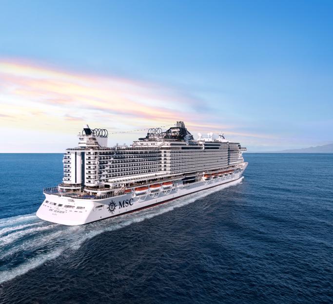 An aerial photo of the MSC Seaview cruise ship sailing on the sea.