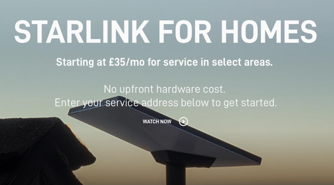 Starlink for Homes advertisement with a satellite dish on a rooftop against a clear sky.