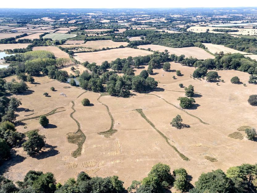 Kent, UK. 12th Aug, 2026. Drought in SE England after the driest July on record. Drone view looking south over the Weald of Kent near the village of Boughton Monchelsea Credit: Phil Robinson/Alamy Live News