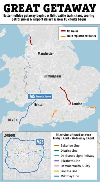 Illustration of a map of Great Britain showing areas with train disruptions and replacement buses during the Easter holiday, along with a detailed map of London's affected TfL services.
