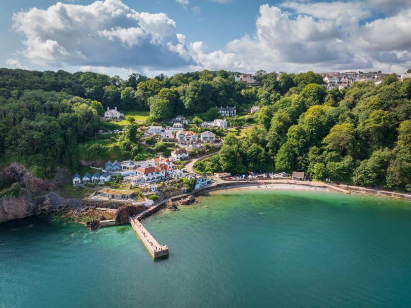 Aerial view of Babbacombe Beach and village in Torbay, Devon, England.