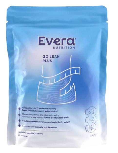 Evera Nutrition Go Lean Plus supplement in a blue pouch, with a graphic of a measuring tape around a waist.