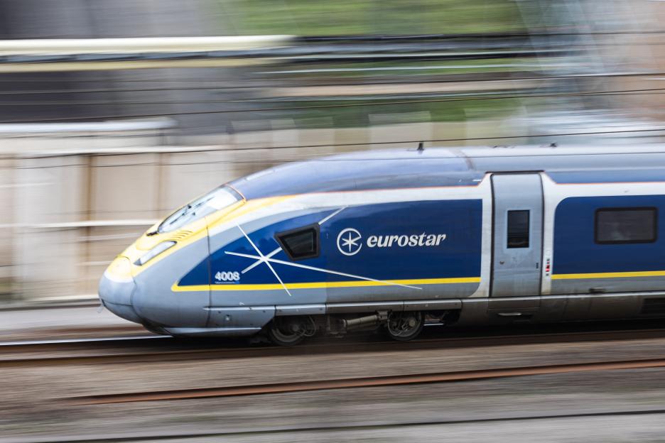 A Eurostar train speeds towards the Channel Tunnel in France.