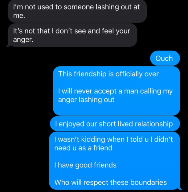 A text message conversation showing one person ending a friendship.